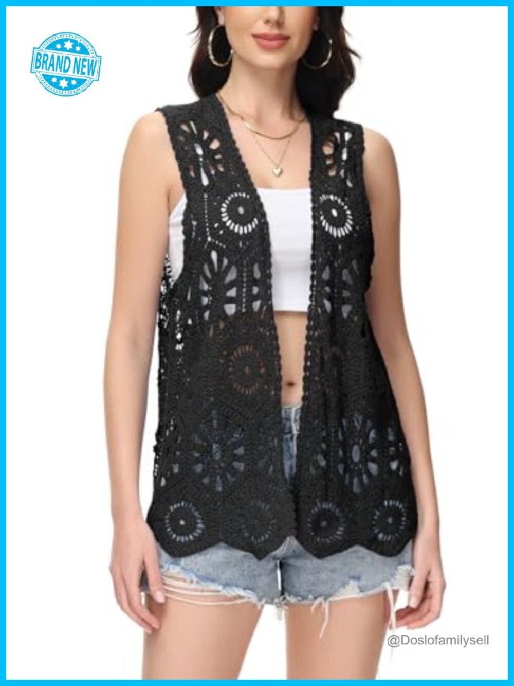 Anna-Kaci Crochet Vest Sleeveless Boho Lace Cardigan Cover Up